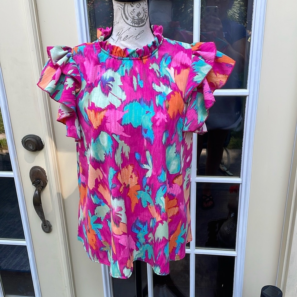 Haptics Pink Contrast Mock Neck Flutter Sleeve Top NWT